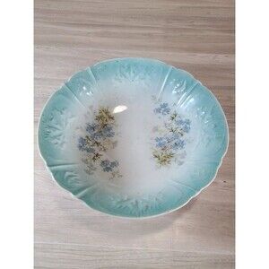 Vintage Blue Floral Scalloped Ceramic Bowl 9.5” Embossed Rim Decorative Dish